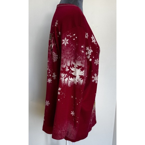 Vtg Red Christmas Pullover Shirt Santa Sleigh Reindeer Rhinestones Snowflake - Picture 4 of 16